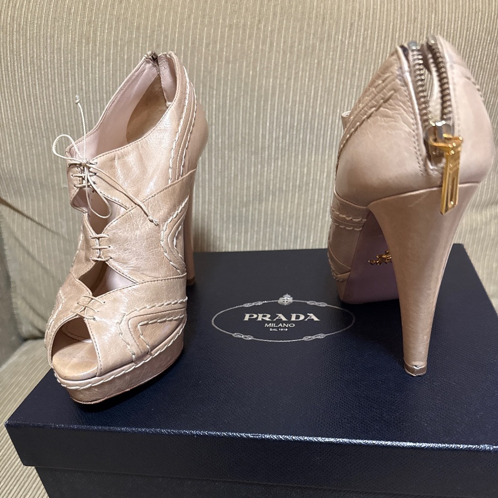 Prada nude size 39 peep toe lace up bootie